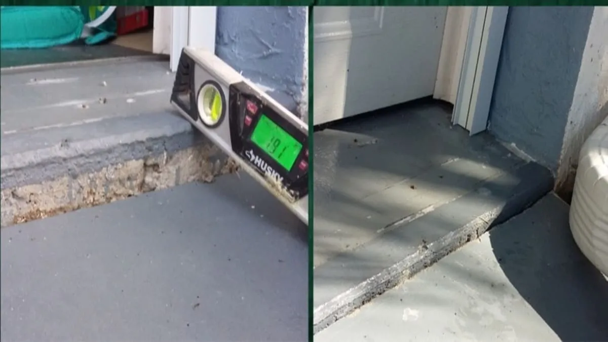 Concrete entry slab before and after foam leveling