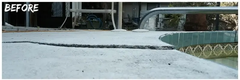 Cracked and sunken pool deck before polyurethane foam lifting in Central and South Florida