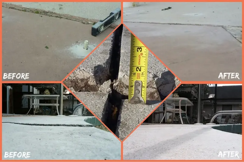 Pool deck lifted with polyurethane foam — before and after collage in Spring Hill FL