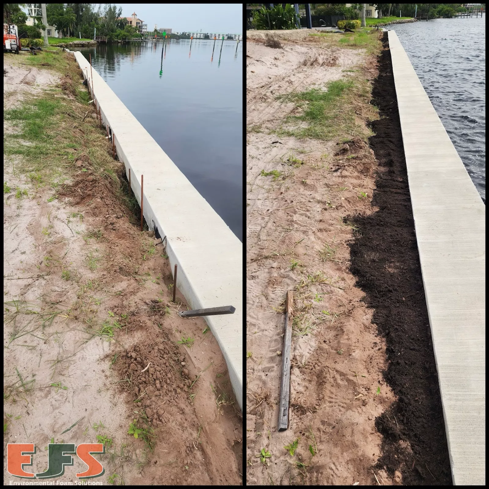 Seawall soil erosion before and after backfill and stabilization